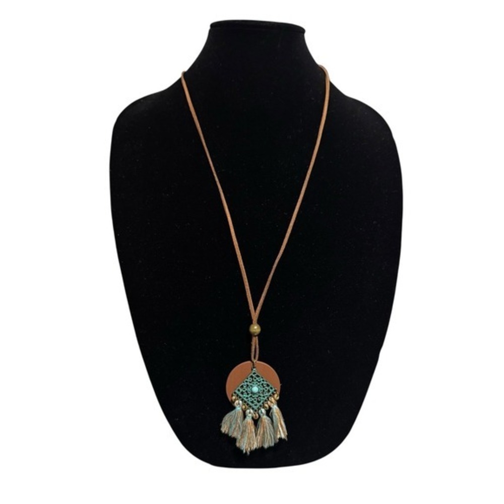Boho Tassel Pendant Necklace in Teal and Brown